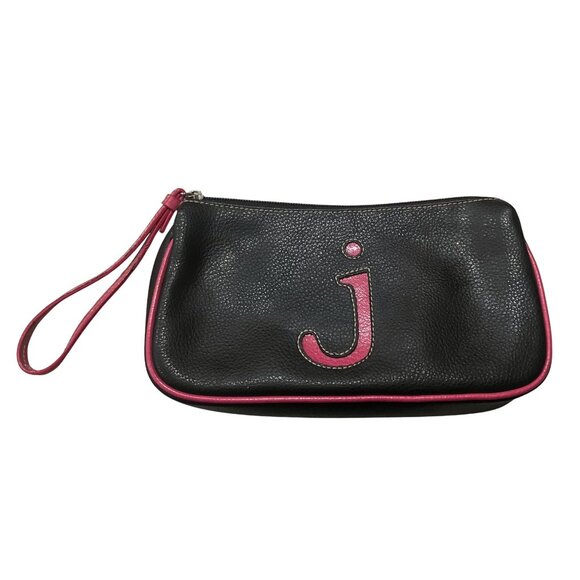 Vintage Y2K Black Pink Monogram J Faux Leather Wristlet Initial Makeup Bag - Picture 2 of 14